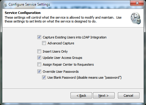 Service Configuration Screen
